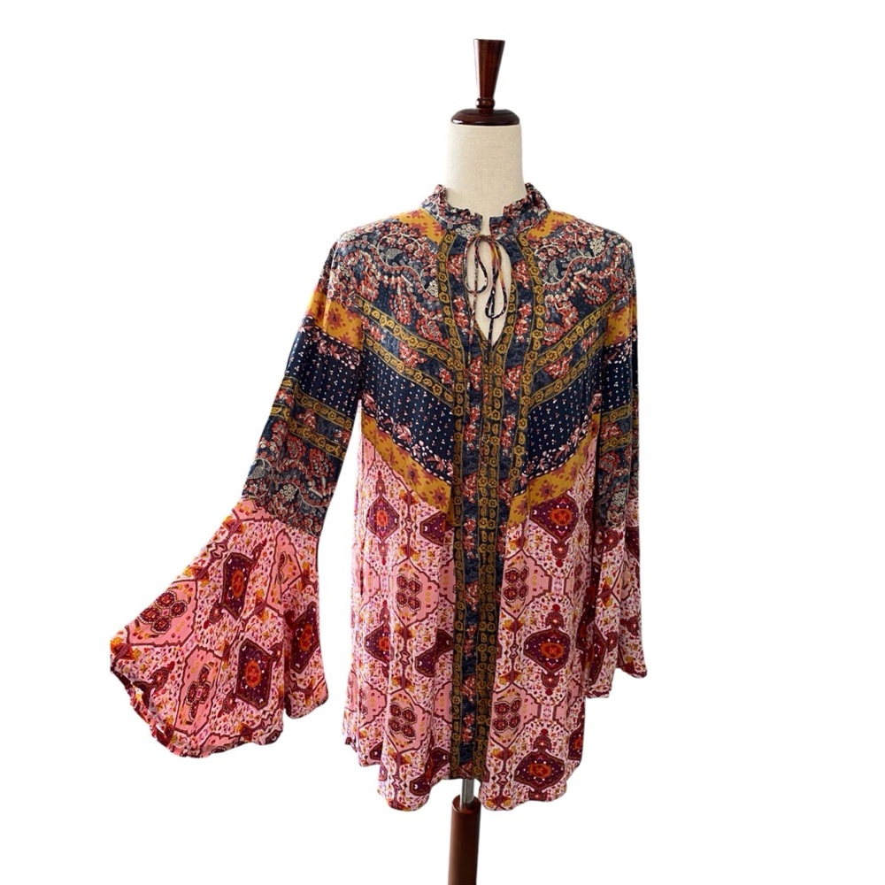 Umgee Daydream Believer Mixed Print Boho Tunic Mini Dress Medium Bell Sleeve